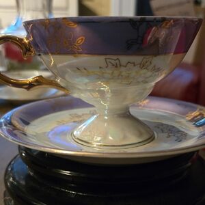 Vintage 1950's Irridescent Lusterware Purple And Gold Teacup W/ Saucer.